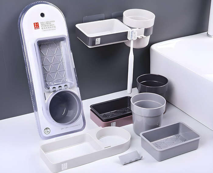 MHome 3-in-1 Multipurpose Toothbrush & Soap Holder  Wall Mounted Bathroom Organizer