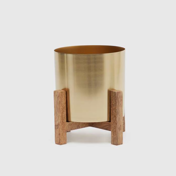 MHome Modern Mid Century Flower Pot Decor  Brass & Wooden Planter for Living Room