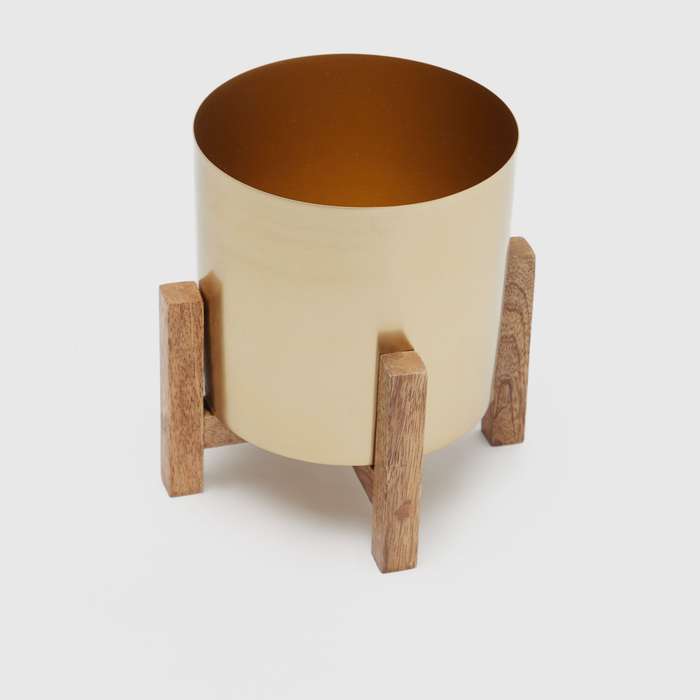MHome Modern Mid Century Flower Pot Decor  Brass & Wooden Planter for Living Room