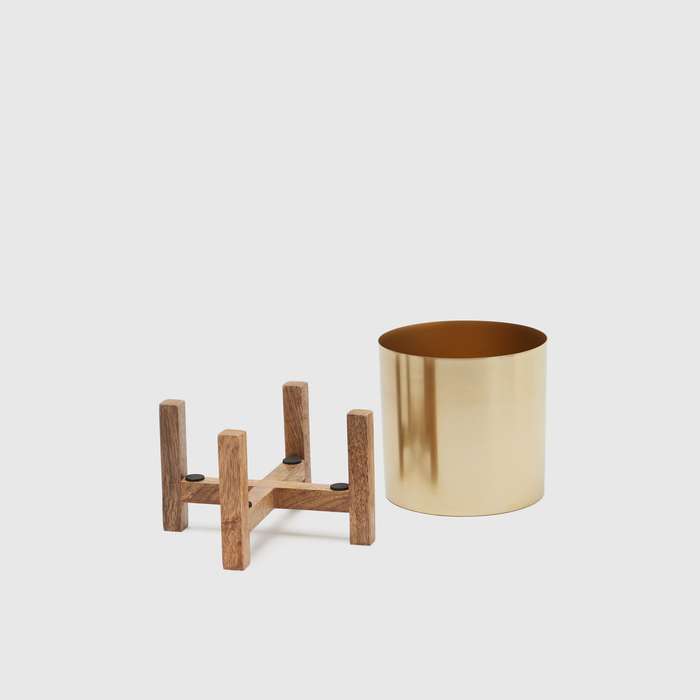 MHome Modern Mid Century Flower Pot Decor  Brass & Wooden Planter for Living Room