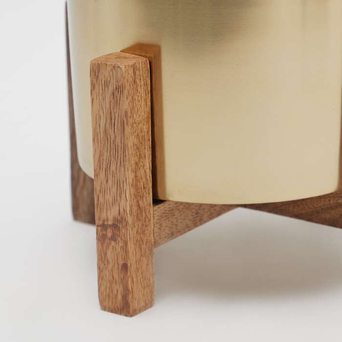 MHome Modern Mid Century Flower Pot Decor  Brass & Wooden Planter for Living Room