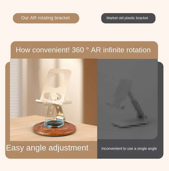 MTech 360° Rotating Metal Phone Holder Stand With Wood-Effect Base