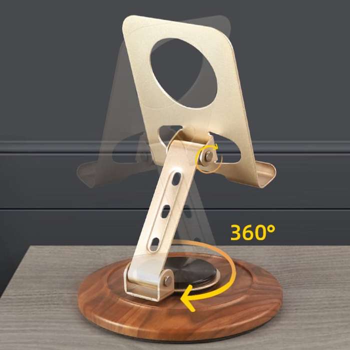 MTech 360° Rotating Metal Phone Holder Stand With Wood-Effect Base