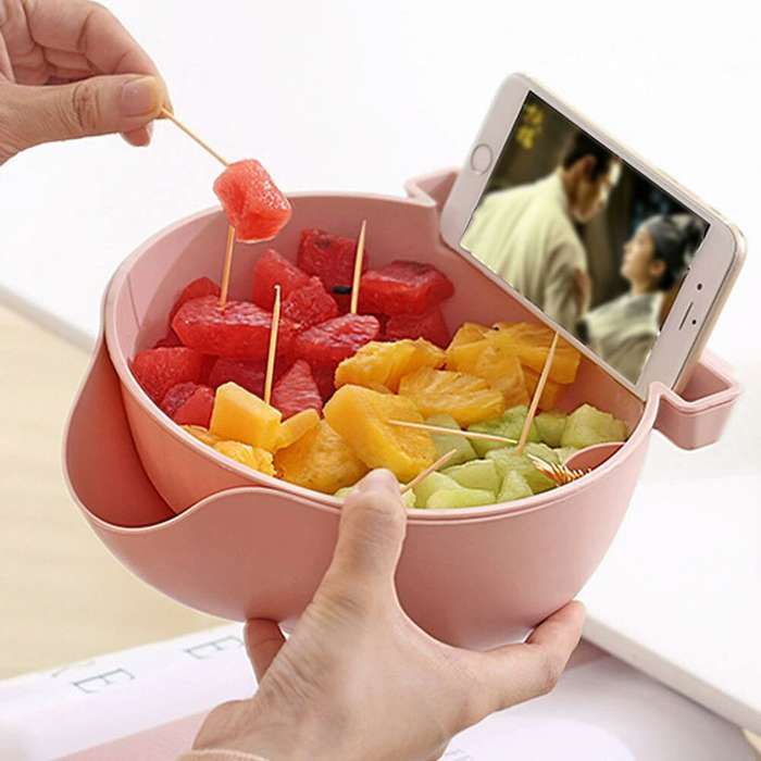 MHome Double-Layer Draining Fruit Bowl with Phone Holder