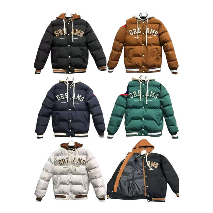 MWear Men Embroidery Letter Pattern Striped Trim Drawstring Hooded Puffer Coat