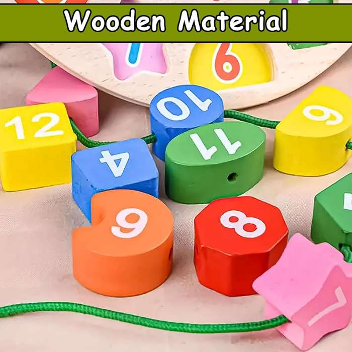 Wooden Learning Clock with Bead Lace  Montessori Educational Toy for Kids