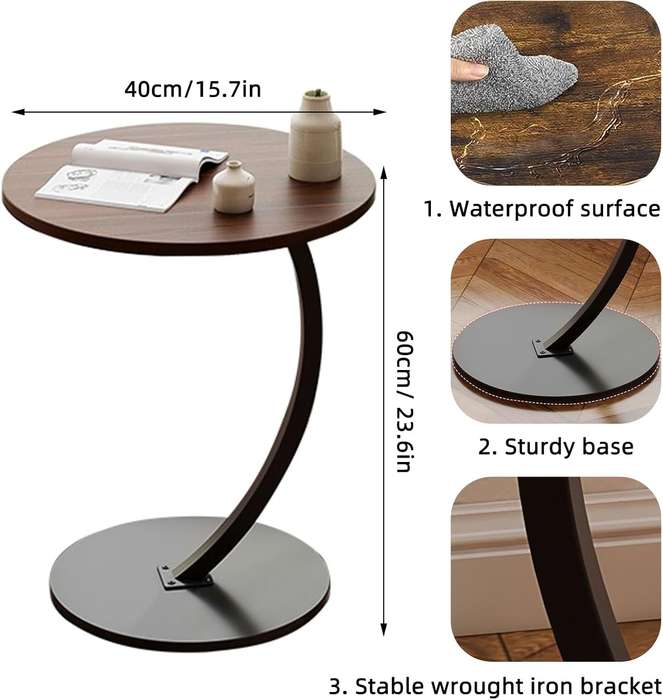 C-Shaped Wooden Side Table  Mobile Small Coffee Table with Metal Frame for Living Room or Bedroom