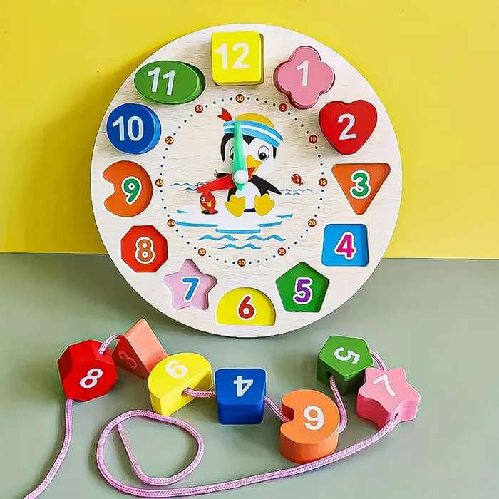 Wooden Learning Clock with Bead Lace  Montessori Educational Toy for Kids