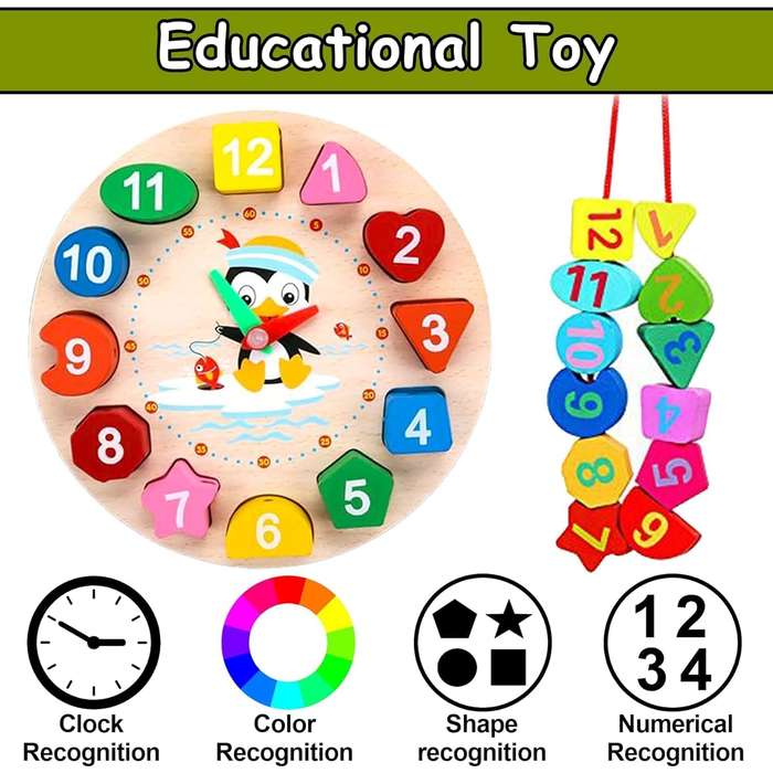 Wooden Learning Clock with Bead Lace  Montessori Educational Toy for Kids
