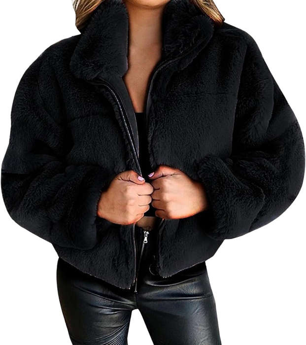 MWearWomens Cropped Faux Fur Coat Oversized Stand Collor Open Front Cardigan Zip Up Shrug Winter...