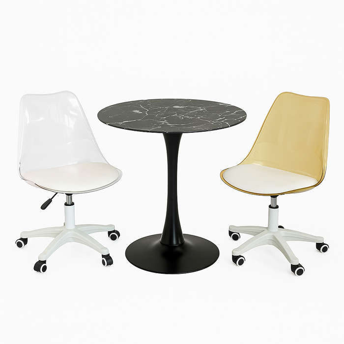 MFurn Modern Black Marble Bistro Set  2 Swivel Chairs + Round Table