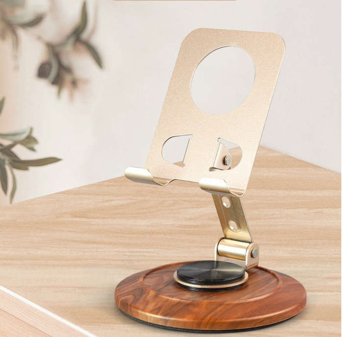 MTech 360° Rotating Metal Phone Holder Stand With Wood-Effect Base