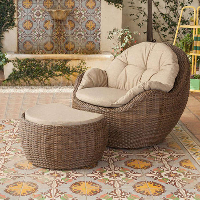 MHome 2-Piece Balcony Rattan Chair & Footrest Set  Outdoor Leisure Furniture