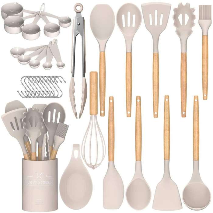 33 Piece Silicone Cooking Kitchen Utensils Spatula Tools Set - Khaki