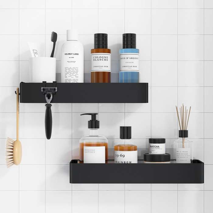 Adhesive Shower Caddy No Drill Organiser With Soap Holder, Hooks- 5 Piece