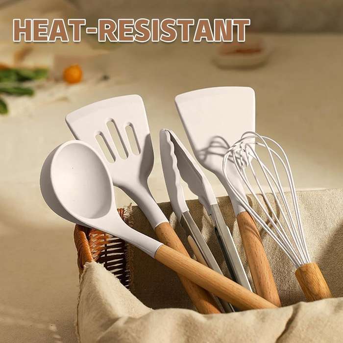 33 Piece Silicone Cooking Kitchen Utensils Spatula Tools Set - Khaki