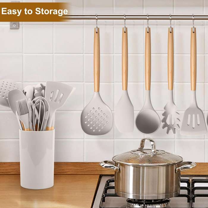 33 Piece Silicone Cooking Kitchen Utensils Spatula Tools Set - Khaki