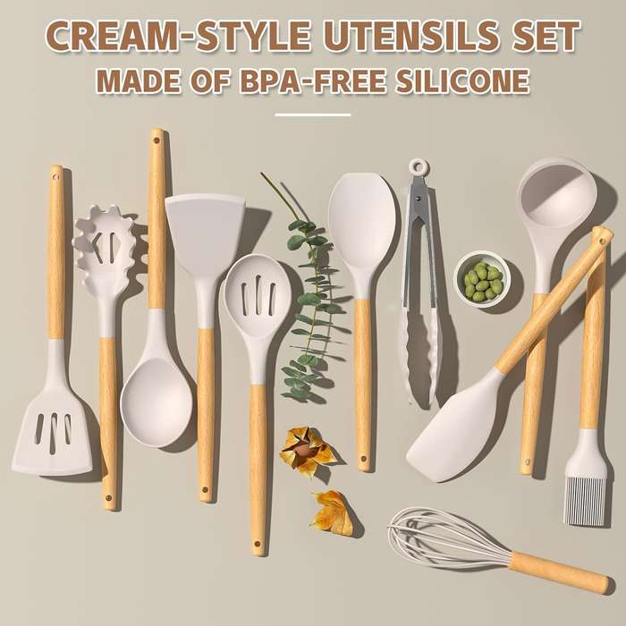 33 Piece Silicone Cooking Kitchen Utensils Spatula Tools Set - Khaki