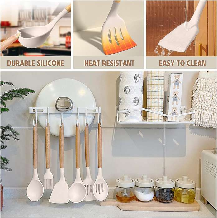 33 Piece Silicone Cooking Kitchen Utensils Spatula Tools Set - Khaki