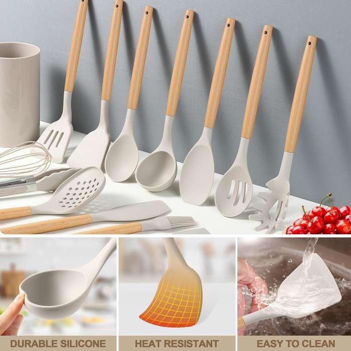 33 Piece Silicone Cooking Kitchen Utensils Spatula Tools Set - Khaki