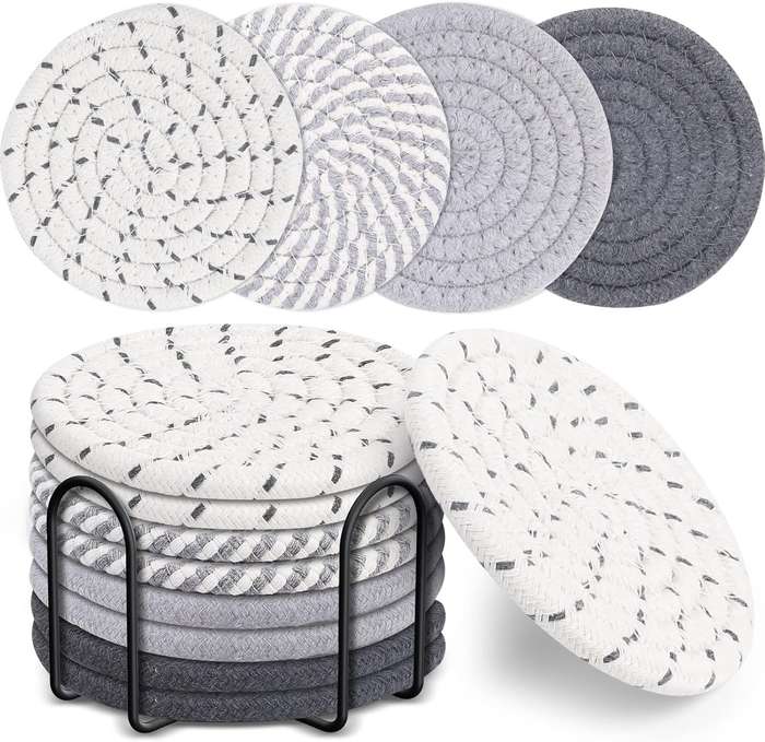 8 Pack Cotton Drink Coasters With Holder For Drinks Cups Hand Woven - Mixed Grey - 11 cm