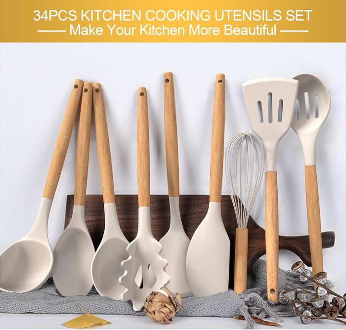 33 Piece Silicone Cooking Kitchen Utensils Spatula Tools Set - Khaki