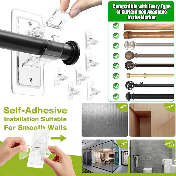 6Pack Adhesive Curtain Rod Holders No Drilling Nail-Free Adjustable Hooks