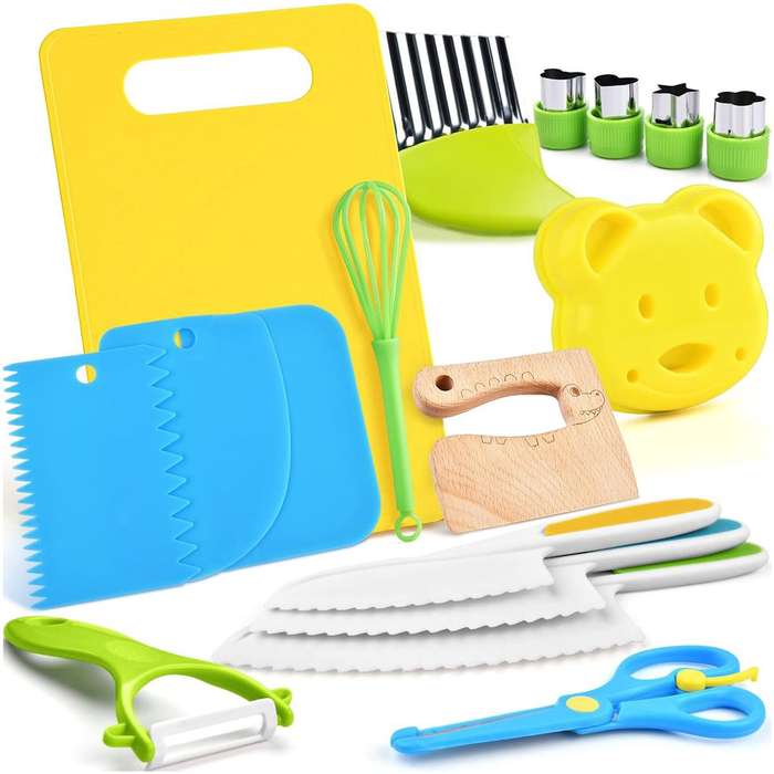 17 piece Kids Cooking Set Montessori Kitchen Toys Safe Knives Cutting Board