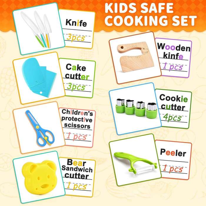 17 piece Kids Cooking Set Montessori Kitchen Toys Safe Knives Cutting Board