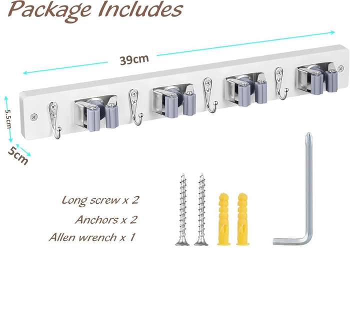 Wall Mount Heavy Duty Mop Broom Organiser - Rubber Slots & Hooks