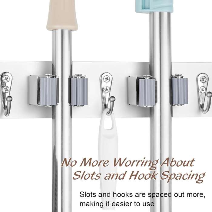 Wall Mount Heavy Duty Mop Broom Organiser - Rubber Slots & Hooks