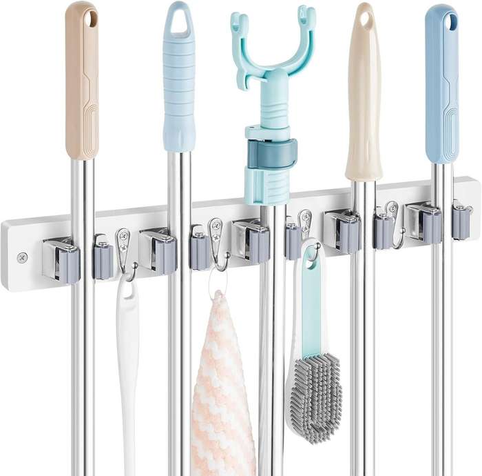 Wall Mount Heavy Duty Mop Broom Organiser - Rubber Slots & Hooks