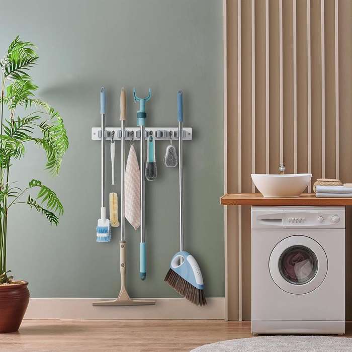 Wall Mount Heavy Duty Mop Broom Organiser - Rubber Slots & Hooks