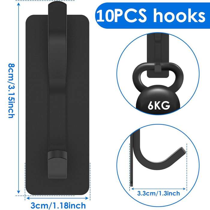Heavy Duty Metal Self-Adhesive Wall Hooks Stick On Door & Wall Hanger - Black - 10 Pack