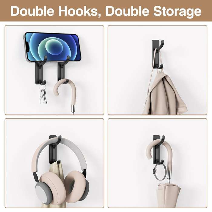 Heavy Duty Metal Self-Adhesive Wall Hooks Stick On Door & Wall Hanger - Black - 10 Pack
