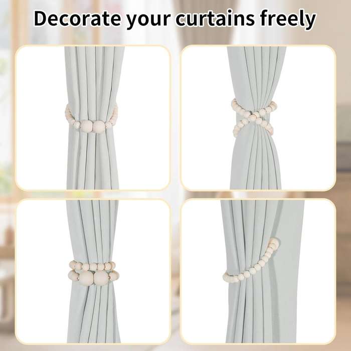 2Pack Wooden Bead Magnetic Curtain Tiebacks Curtain Holdbacks Strong Magnet