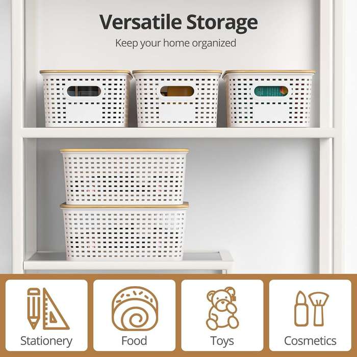 Storage Baskets With Bamboo Lid Pantry Organization Stackable Boxes- 6 Pack