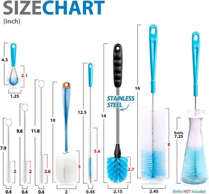 8 Pack Bottle Cleaner Brush Set - Long Handle