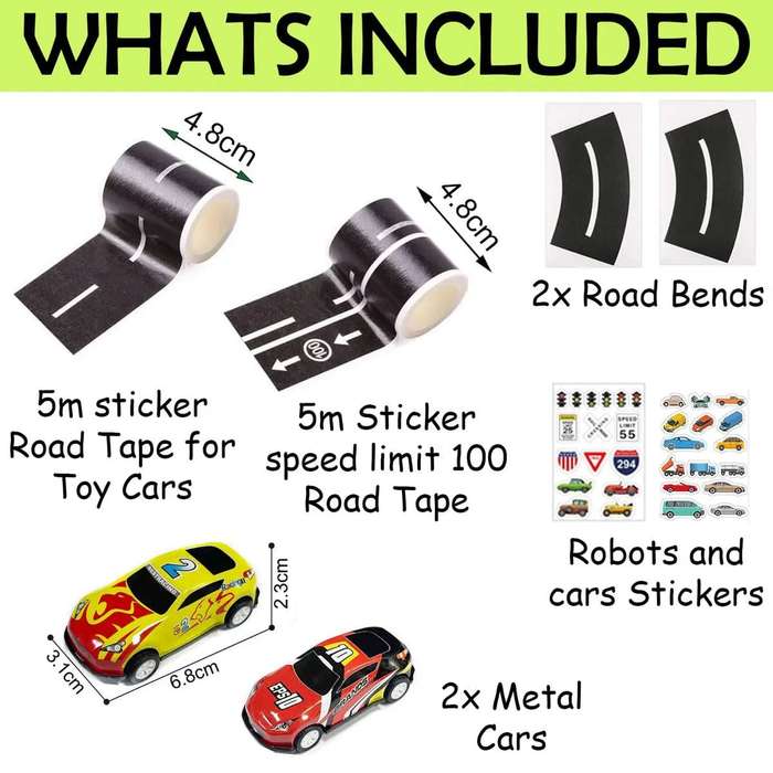2 Pack Play Road Tape Set With Metal Toy Cars