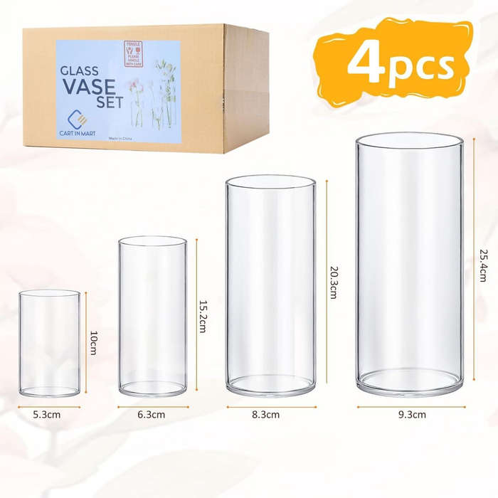 4-Pack Clear Cylindrical Glass Vases | Wedding Decor & Floating Candles |