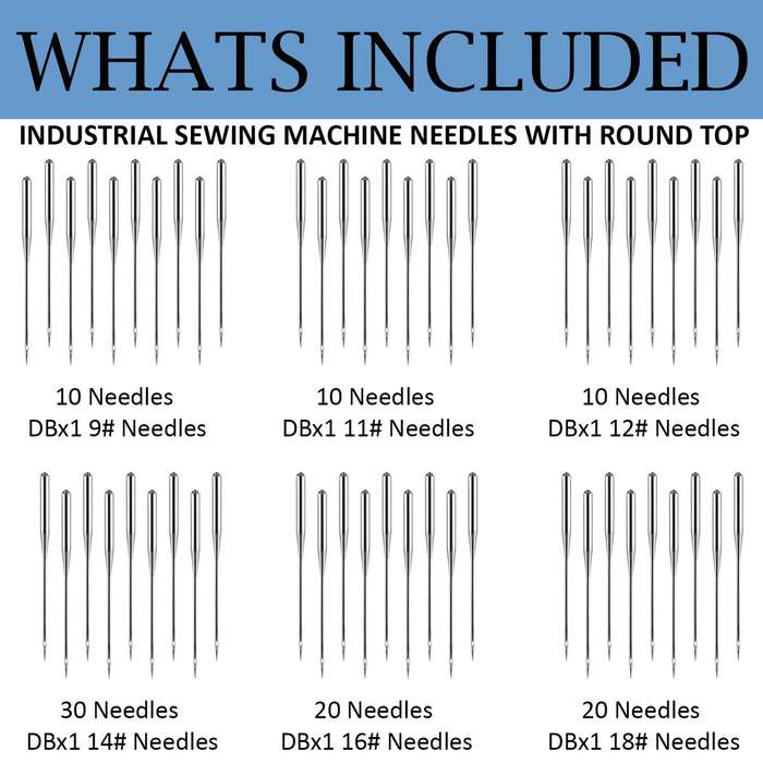 100 Pack Industrial Sewing Machine Needles 6 Sizes-Round Shank