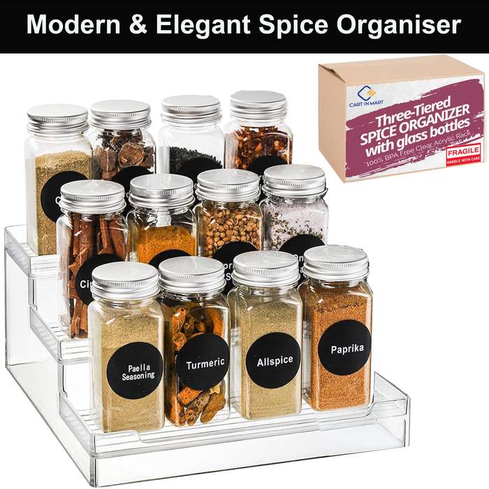 3 Tier Clear Acrylic Spice Rack Organiser With 12 Jars 24 Labels & Marker