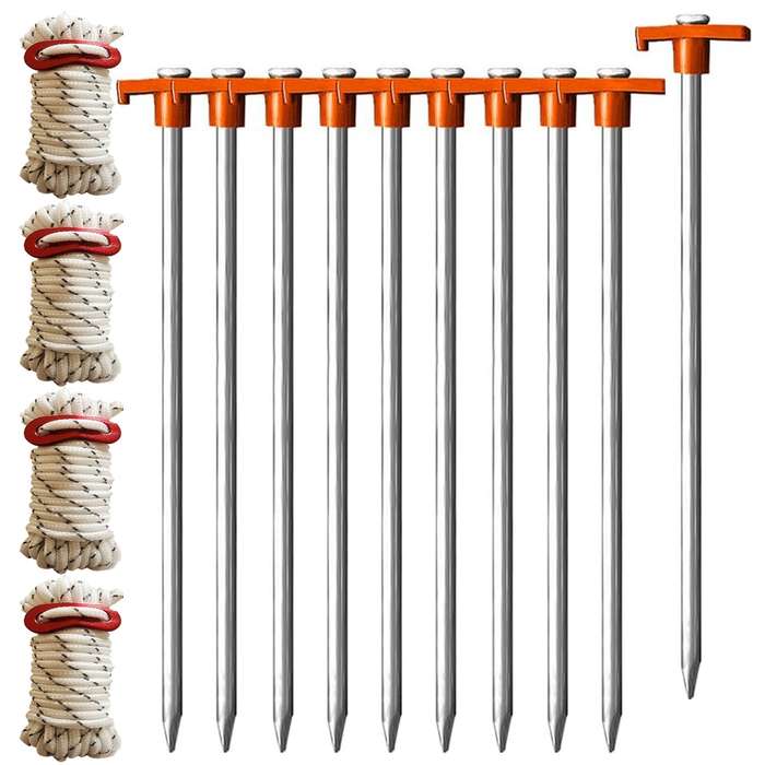 10 Pack Tent Stakes Heavy Duty Pegs 27cm For Camping Yard With 12m Ropes