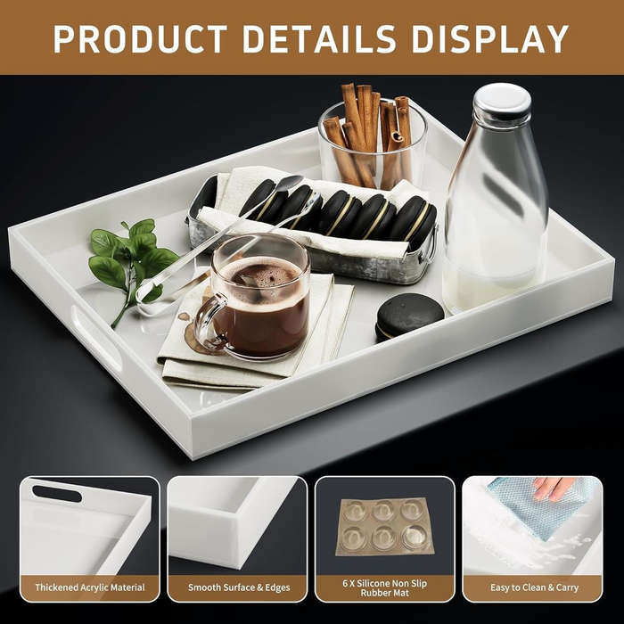 Large Acrylic Serving Tray With Handles - Table Countertop Organiser Decor White