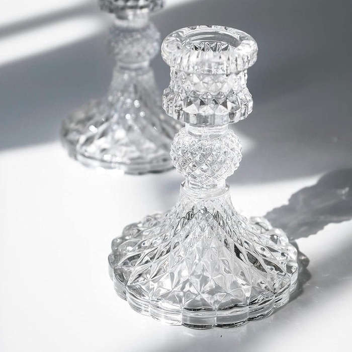 2 Pack Clear Decorative Glass Candlestick Holders