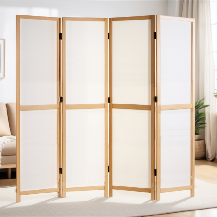 Partition Room Divider - White 4-Panel Folding Privacy Screen Room Divider with Solid Wooden Frames