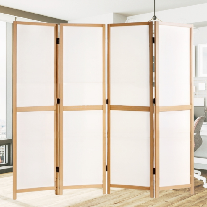 Partition Room Divider - White 4-Panel Folding Privacy Screen Room Divider with Solid Wooden Frames
