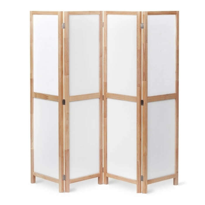 Partition Room Divider - White 4-Panel Folding Privacy Screen Room Divider with Solid Wooden Frames