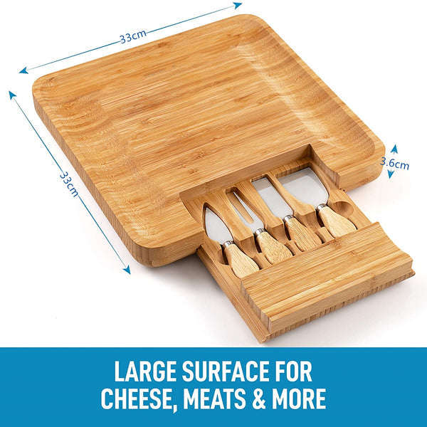 Bamboo Serving Platter Set - Natural Flat Wood Bamboo Cutting Board Serving Platter with 4 Stainl...