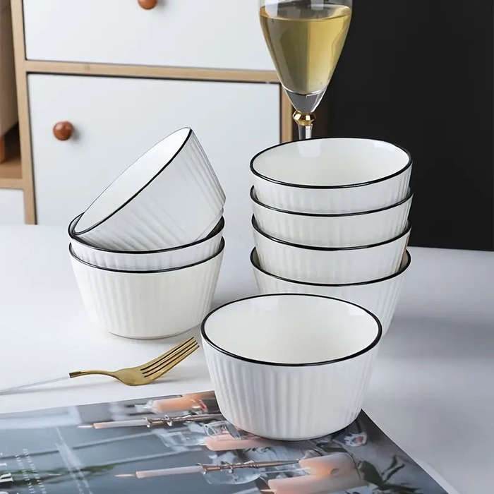 Set of 4 White with Black Rim Stackable Ceramic Simple Bowls (13 x 7 cm)